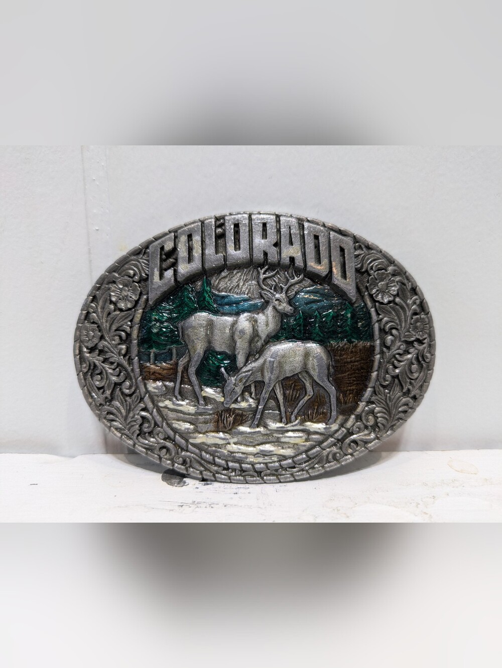 Colorado Metal Belt‎ Buckle Nature Scene Deer 3.5" By Indiana Metal Craft 1983